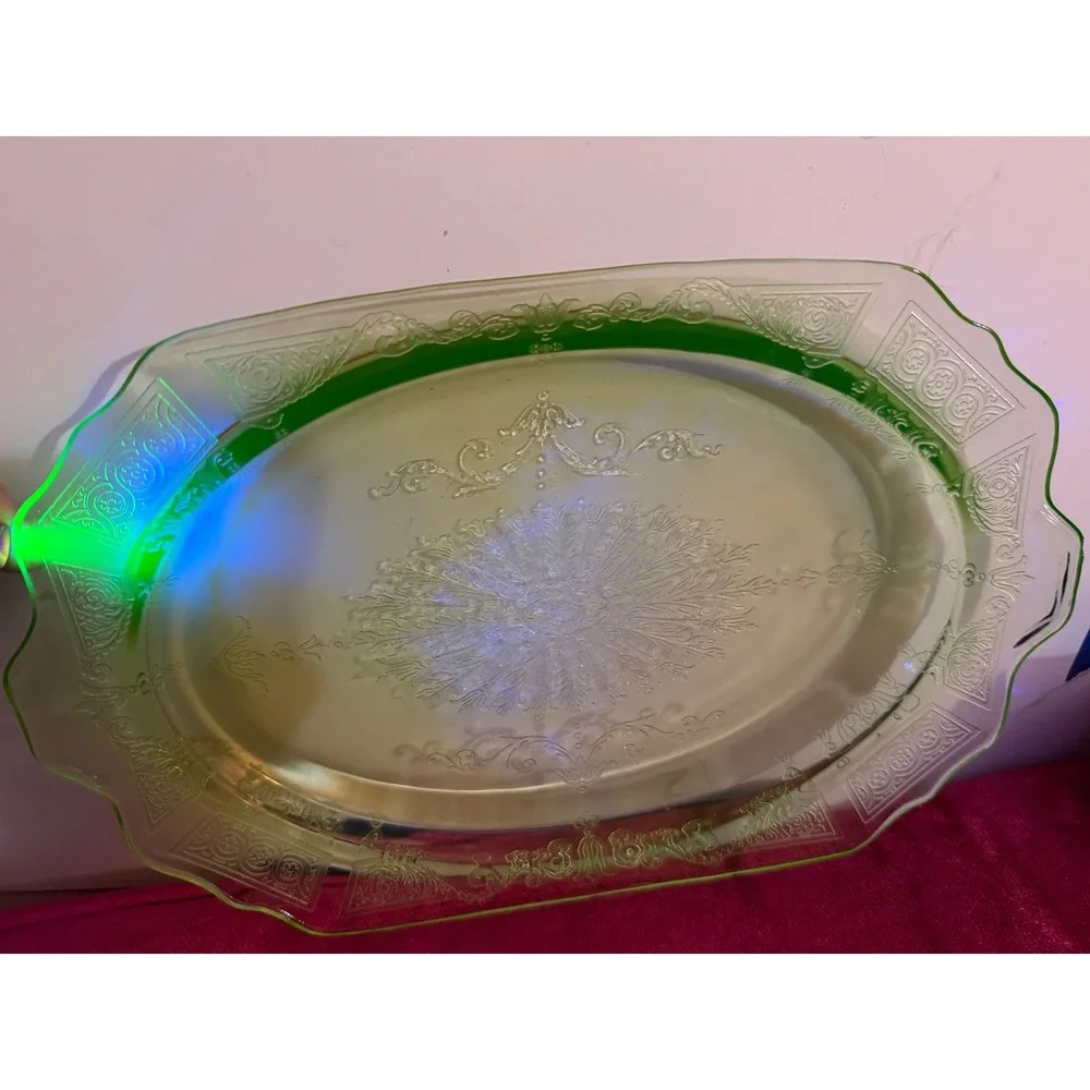 Vintage Hocking Glass Princess Green Uranium Depression Glass Oval Platter 1930s